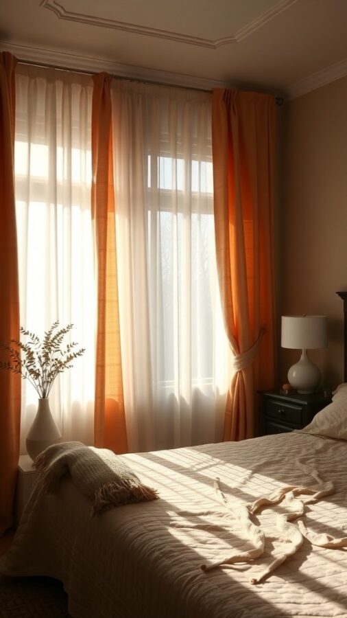A cozy bedroom with warm orange curtains and soft white sheers, illuminated by natural light.