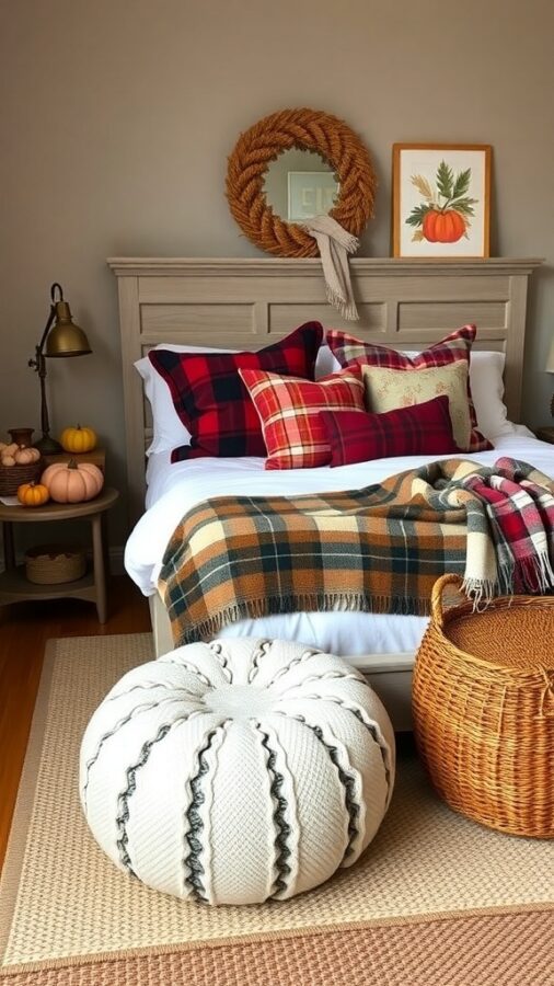 A cozy fall-themed bedroom with plaid blankets, decorative pillows, a knit pouf, and autumn decorations.