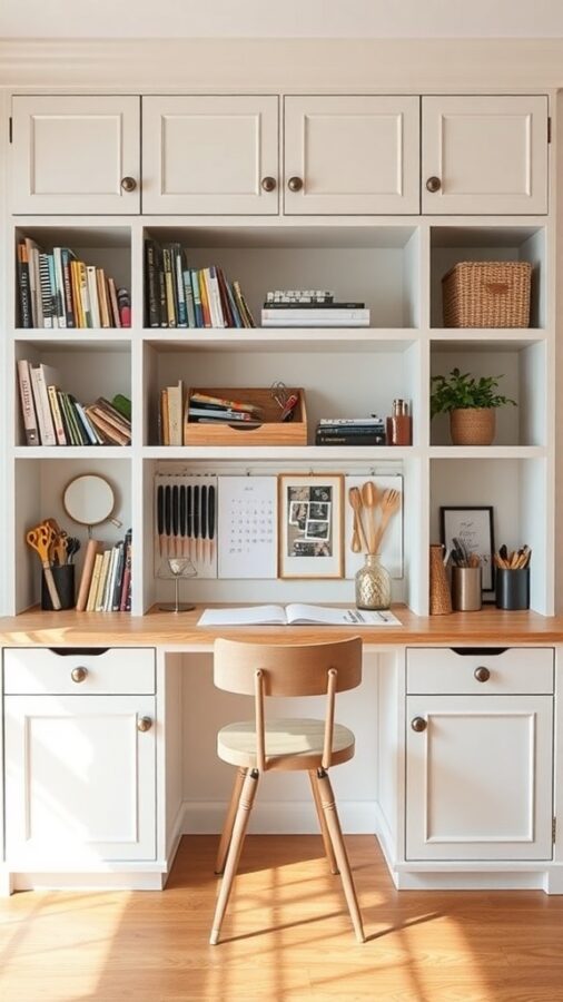 Multi-functional home office with built-in shelves, desk, and office supplies