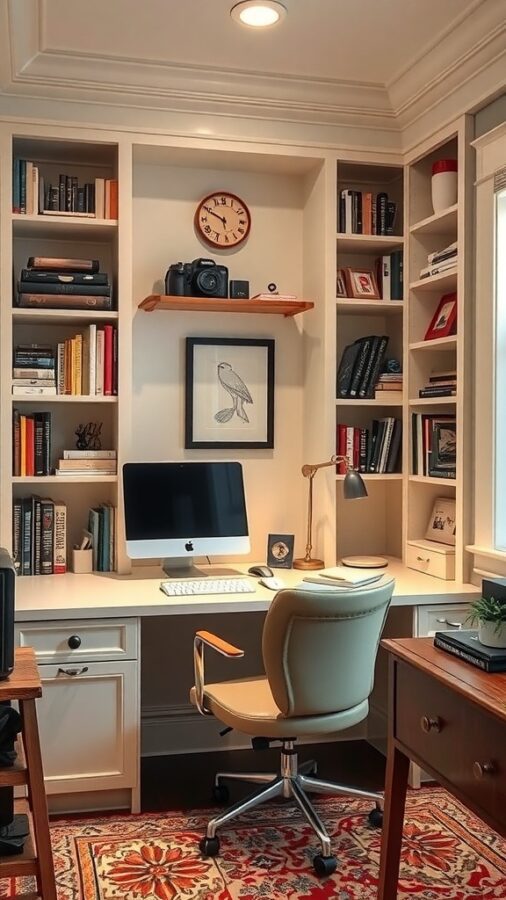 Cozy corner home office with built-in shelves and desk