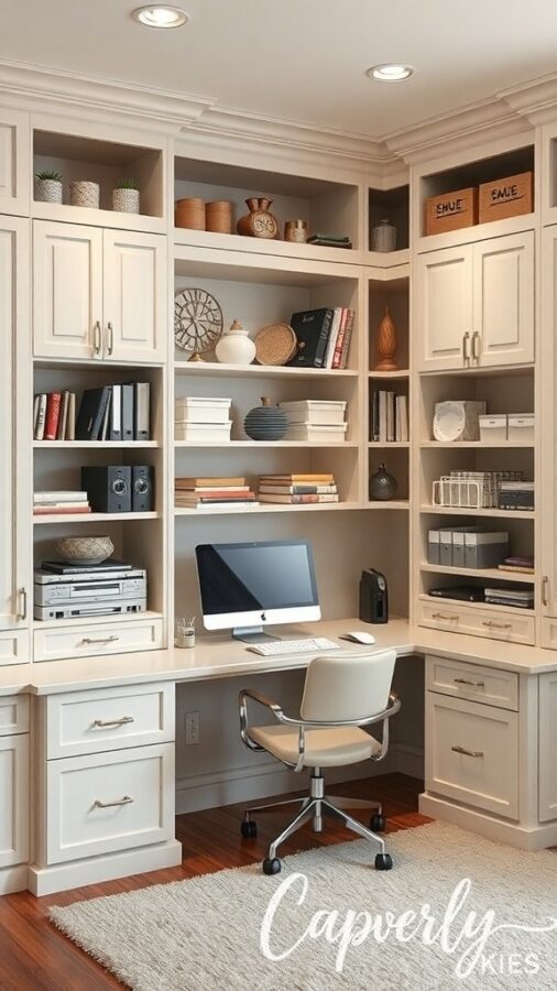 Home office with built-in storage, desk, shelves, and cabinets