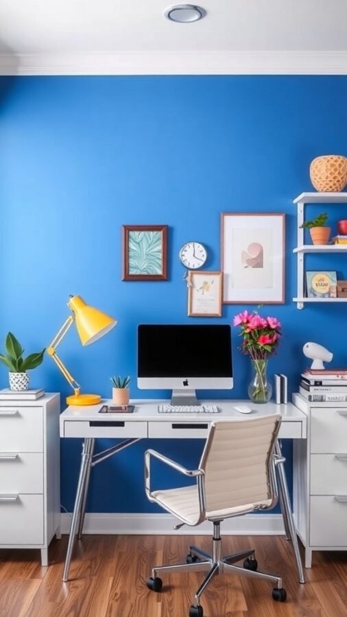Colorful Accent Walls in Home Office Home office with a vivid blue accent wall paired with modern furnishings.