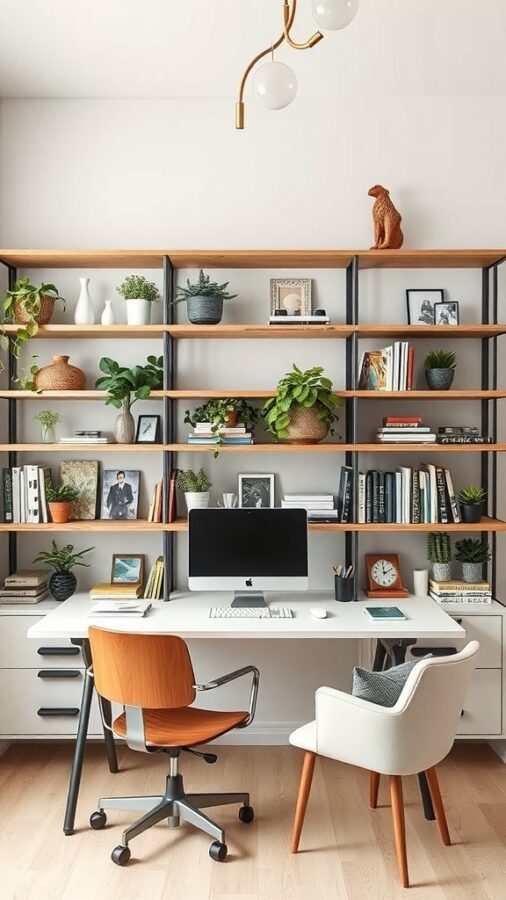 Functional Shelving in Home Office Modern home office featuring functional shelves with plants, books, and decorative accents.