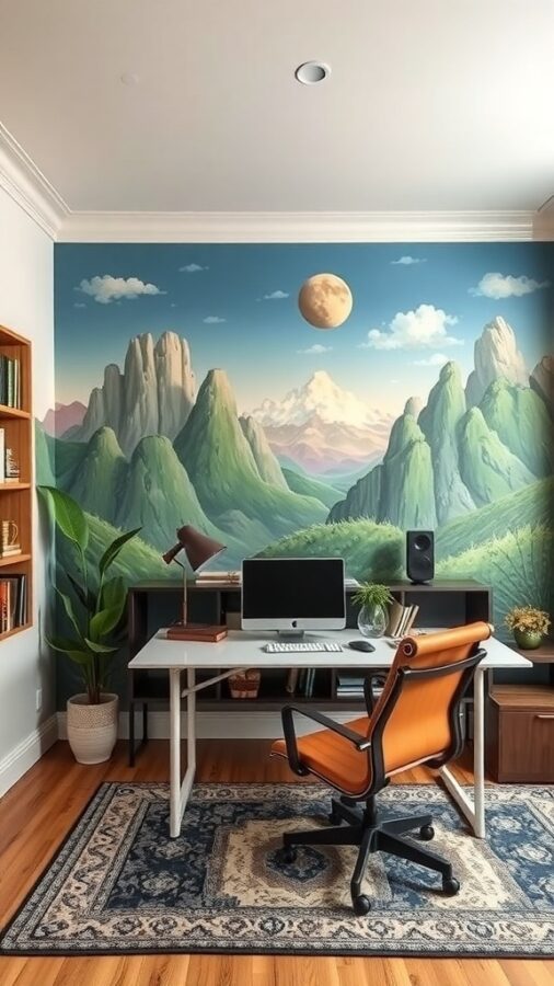 Artistic Wall Murals for Home Office Home office featuring a serene mountain mural behind the desk area.