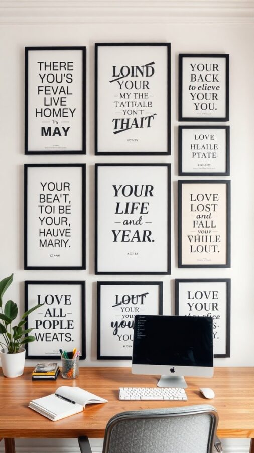Motivational Quotes and Typography for Home Office Wall adorned with framed motivational quotes in diverse fonts and styles.