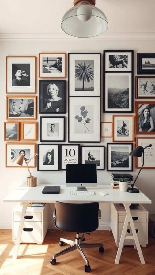 Gallery Wall Ideas for Home Office Home office with a gallery wall featuring monochrome photos and artistic prints.