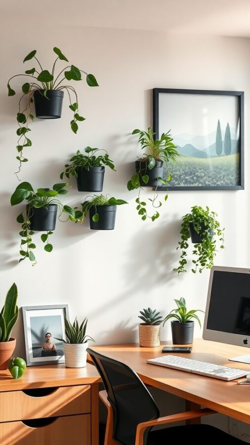 Nature-Inspired Decor for Home Office Home office wall decorated with mounted plants and a framed nature photograph.