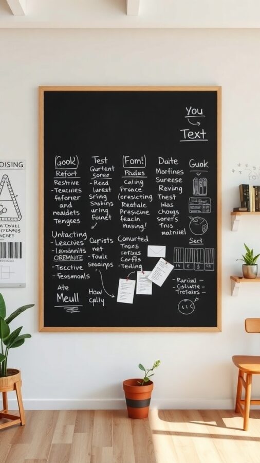 Functional Whiteboards and Chalkboards for Home Office Large wooden-framed chalkboard filled with notes in a bright home office.
