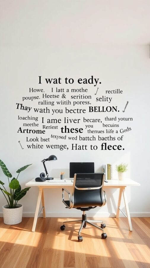 Creative Wall Decals for Home Office Home office wall decorated with playful text decals above a desk.