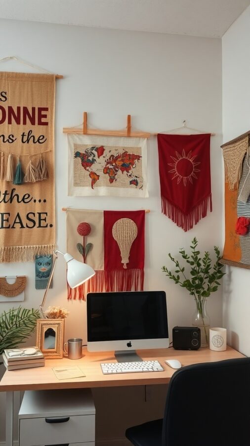 Textile and Fabric Decor for Home Office Cozy home office featuring colorful textile wall hangings and plants.