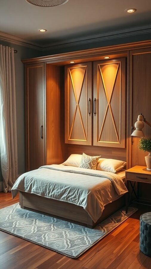 Stylish home office with Murphy bed integrated into wooden cabinetry