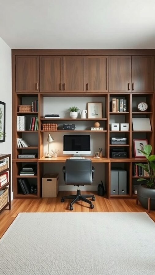 Organized home office with wooden shelves, desk, and ergonomic chair