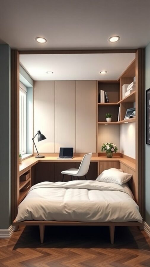 Compact home office with Murphy bed, desk, and shelving