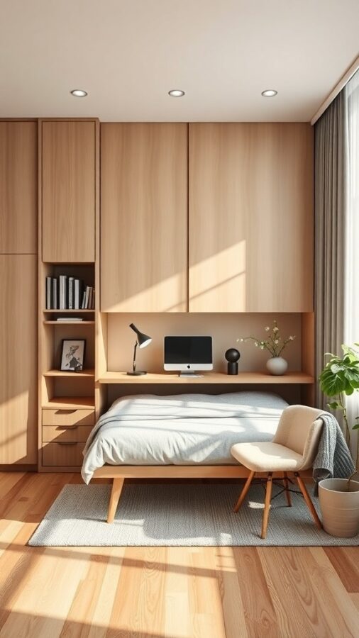 Home office with Murphy bed, wooden furniture, and bright atmosphere