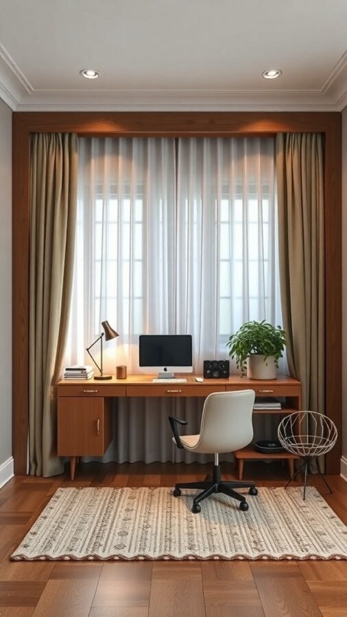 Home office with desk, computer, chair, plant, and privacy curtains