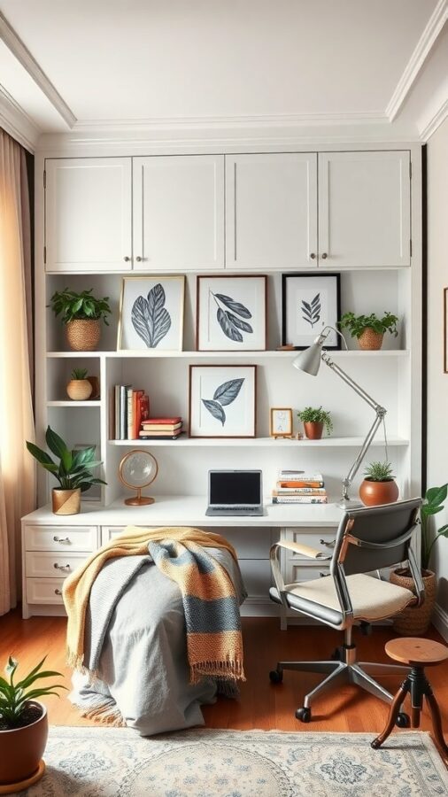 Stylish home office with Murphy bed, white cabinetry, framed leaf prints, and plants