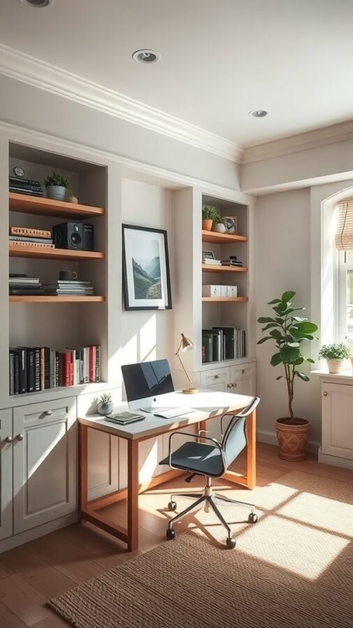 12 Stunning Home Office Built-Ins for Stylish Organization 2 A bright home office with built-in shelves, a desk, and a plant, showcasing effective lighting.