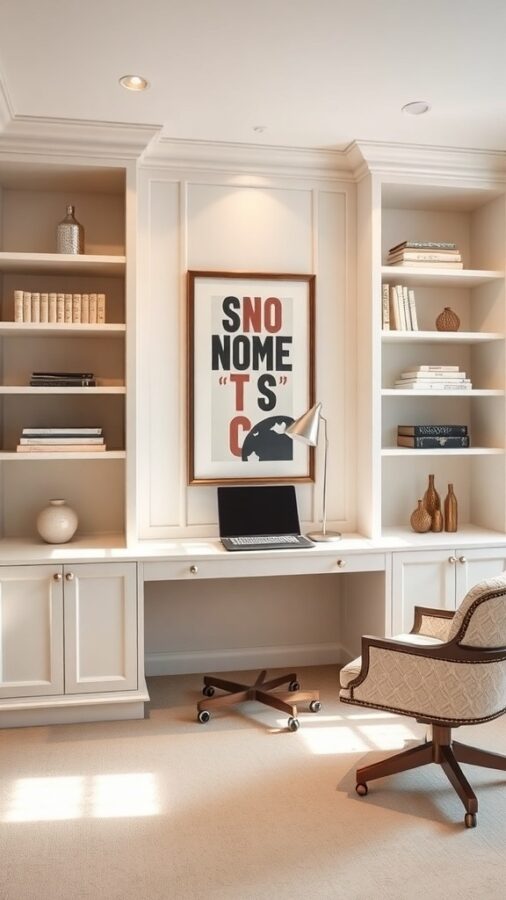 12 Stunning Home Office Built-Ins for Stylish Organization 9 A stylish home office with custom built-in shelves, a desk, and a comfortable chair.
