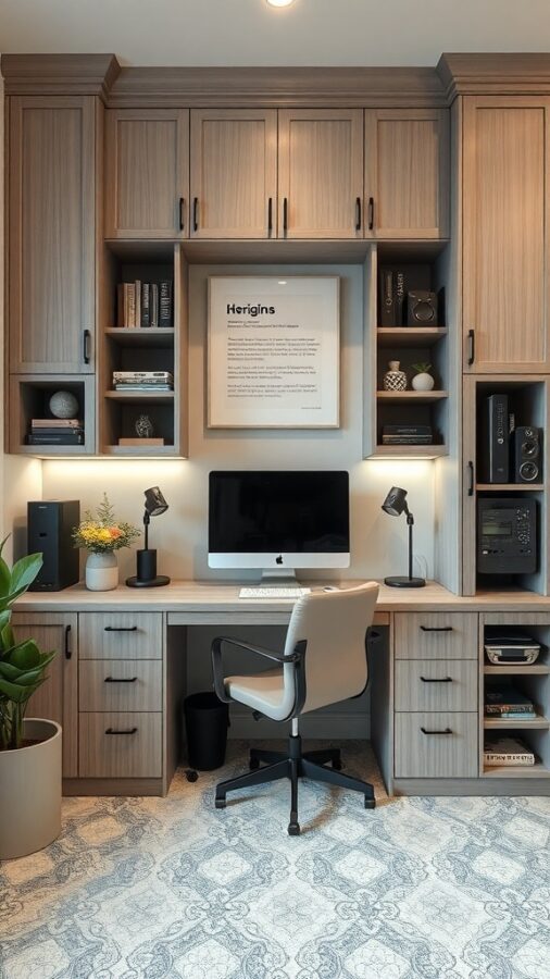 12 Stunning Home Office Built-Ins for Stylish Organization 8 A stylish home office built-in with a desk, computer, and shelves.