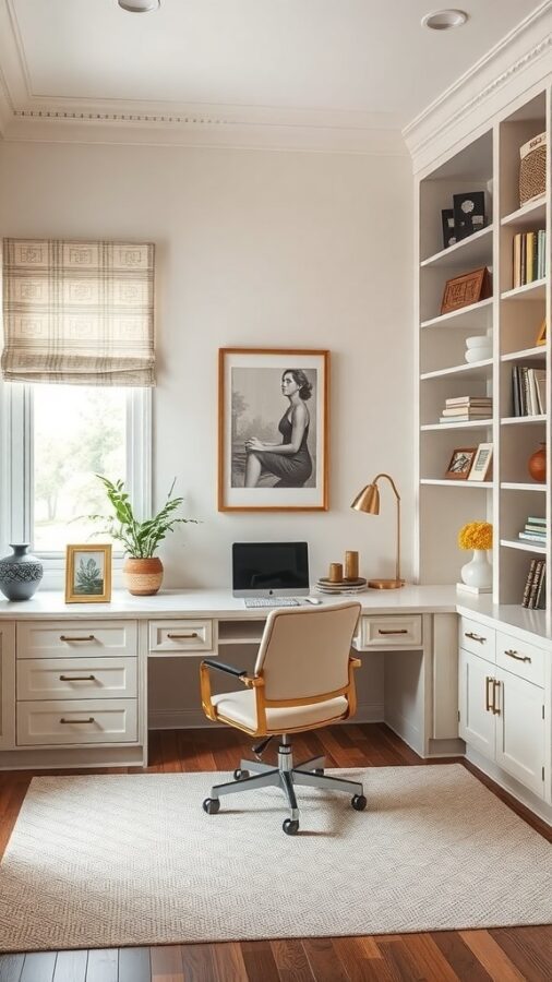 12 Stunning Home Office Built-Ins for Stylish Organization 4 A cozy home office with built-in shelves, a desk, and a comfortable chair, featuring plants and artwork.