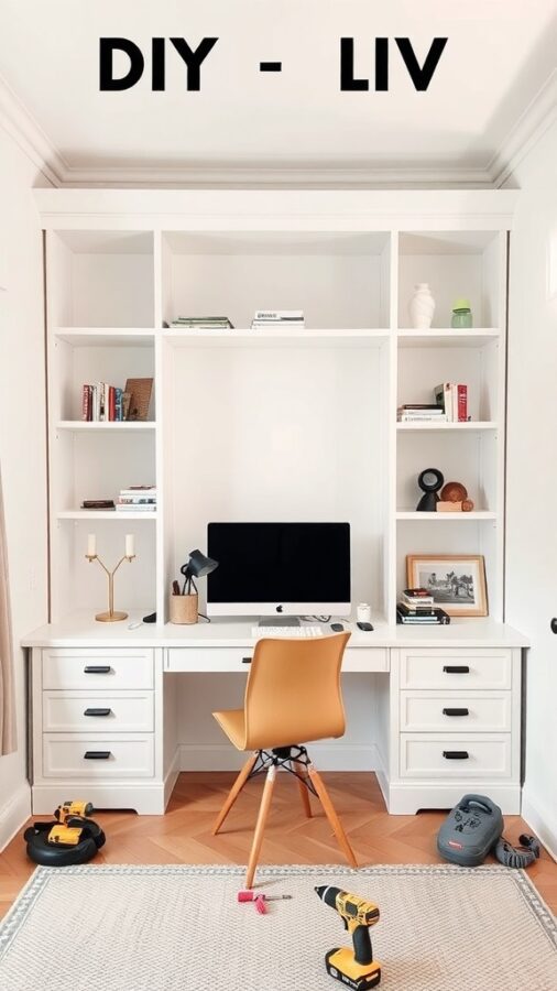 12 Stunning Home Office Built-Ins for Stylish Organization 10 A DIY home office setup with built-in shelves and a desk, featuring tools and a computer.