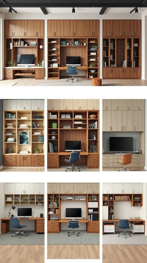 12 Stunning Home Office Built-Ins for Stylish Organization 11 Collage of modern built-in home office designs featuring various wood finishes and layouts.