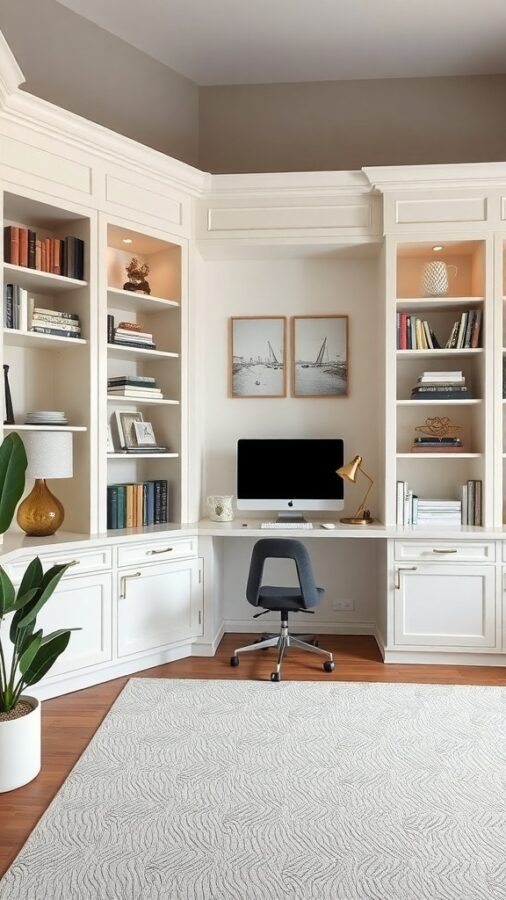 12 Stunning Home Office Built-Ins for Stylish Organization 6 A modern home office with built-in shelves and a desk, featuring white cabinetry and warm wood flooring.