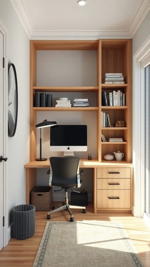 12 Stunning Home Office Built-Ins for Stylish Organization 5 A small home office with built-in shelves and a desk, featuring a computer and a comfortable chair.