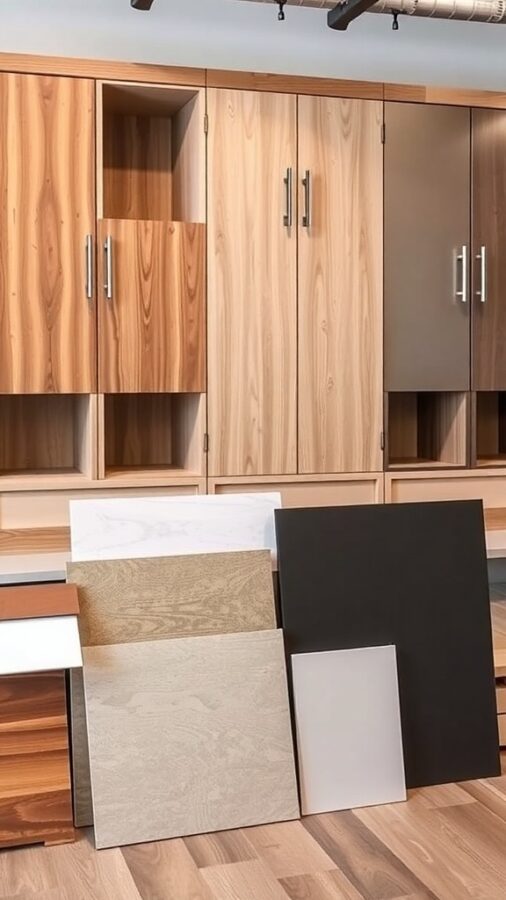 12 Stunning Home Office Built-Ins for Stylish Organization 7 A selection of wood and panel materials for built-ins, showcasing various textures and colors.