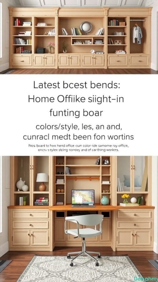 12 Stunning Home Office Built-Ins for Stylish Organization 12 A home office built-in unit with light wood finish, shelves, and a spacious desk area.