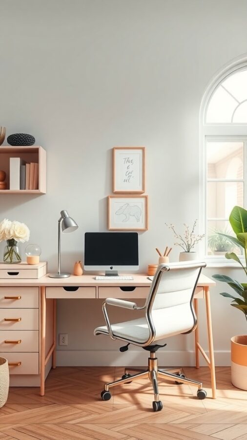 10 Must-Have Items for a Stylish Female Home Office 4 A cozy female home office with light walls, wooden furniture, and decorative plants.