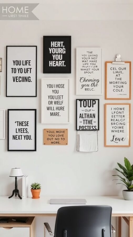 10 Must-Have Items for a Stylish Female Home Office 3 A collection of framed quotes and art pieces on a wall in a home office, featuring motivational messages.