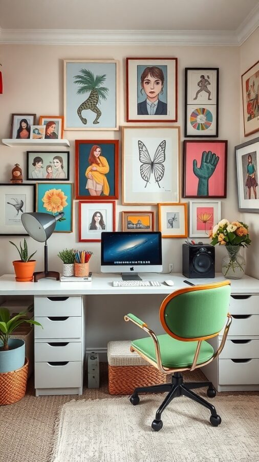 10 Must-Have Items for a Stylish Female Home Office 5 A stylish home office with colorful wall art, a desk with a computer, and a green chair.