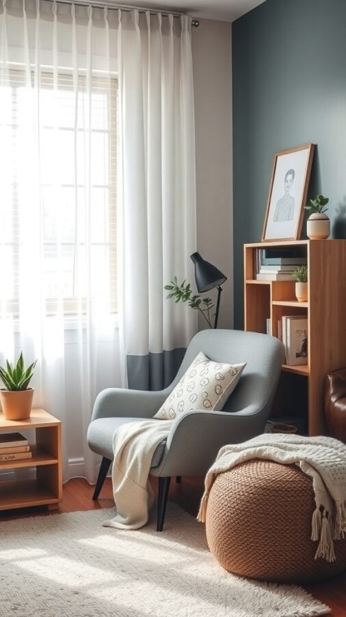 10 Must-Have Items for a Stylish Female Home Office 7 A cozy home office corner with a soft armchair, a knitted pouf, and plants, designed for relaxation.