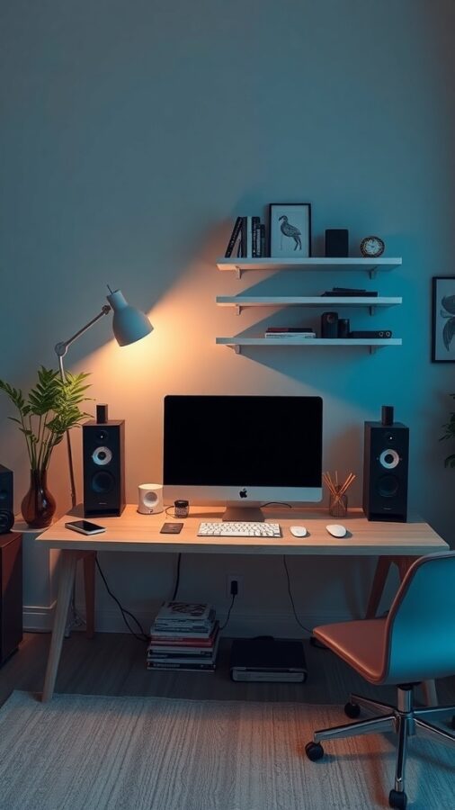 10 Must-Have Items for a Stylish Female Home Office 8 A stylish female home office featuring a modern computer, speakers, a desk lamp, and decorative shelves.