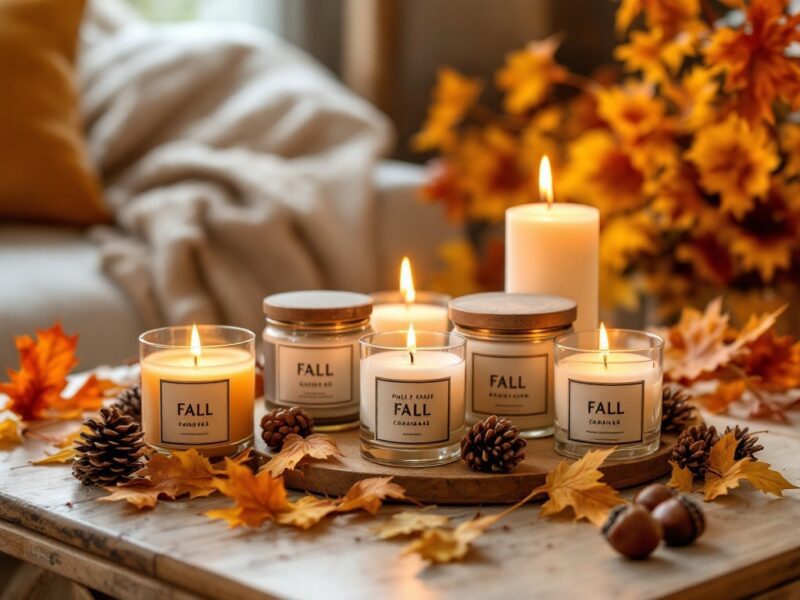 5 Cozy Fall Home Decor Ideas You'll Love 2 A cozy arrangement of fall scented candles surrounded by autumn leaves and pinecones.