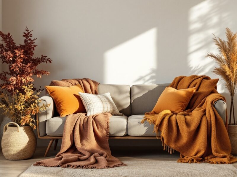 5 Cozy Fall Home Decor Ideas You'll Love 3 Cozy living room with warm textiles, including orange and brown blankets and pillows on a sofa.