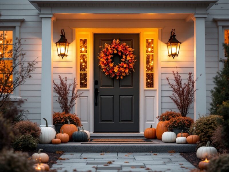 5 Cozy Fall Home Decor Ideas You'll Love 5 A cozy entryway decorated for fall with a wreath, pumpkins, and lanterns.
