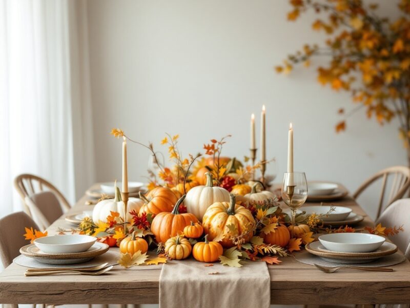 5 Cozy Fall Home Decor Ideas You'll Love 4 A beautifully arranged fall centerpiece with pumpkins, candles, and autumn leaves on a dining table.