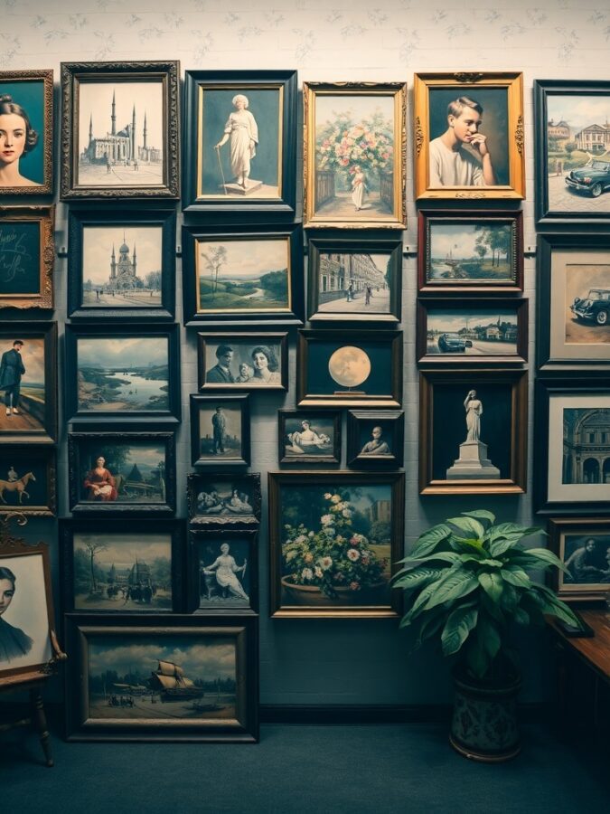 17 Must-Have Vintage Home Decor Items for Timeless Style 4 A collection of vintage framed artworks on a wall, showcasing portraits, landscapes, and floral arrangements.