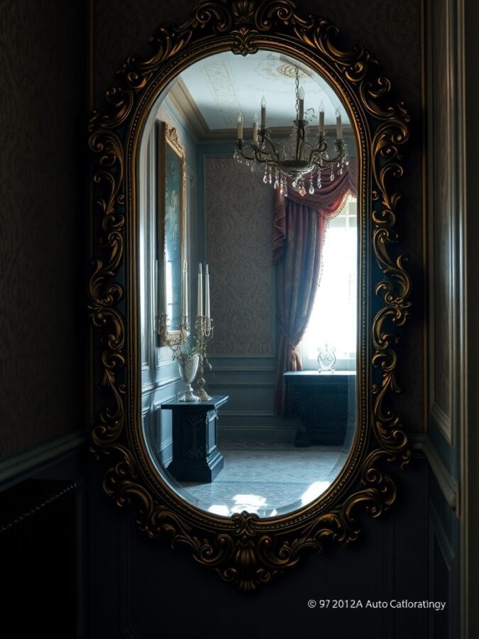 17 Must-Have Vintage Home Decor Items for Timeless Style 2 An ornate vintage mirror reflecting a beautifully decorated room with a chandelier and elegant furnishings.