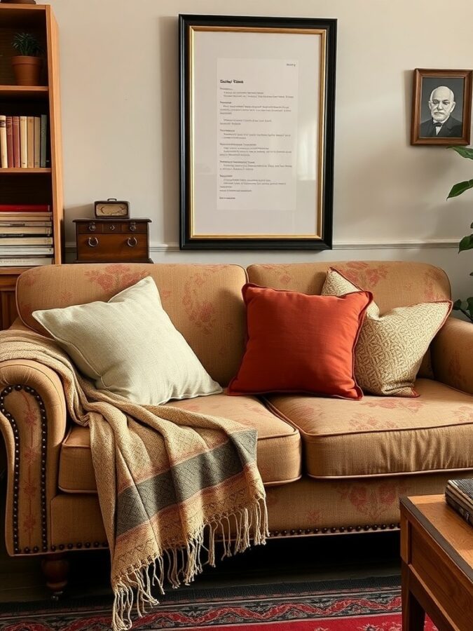 17 Must-Have Vintage Home Decor Items for Timeless Style 5 A cozy sofa with colorful pillows and a warm throw blanket, showcasing retro textiles and patterns.