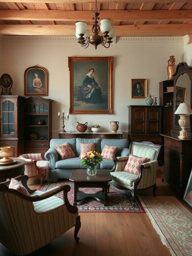 17 Must-Have Vintage Home Decor Items for Timeless Style 3 A cozy vintage living room with antique furniture, including a sofa, chairs, and decorative elements.