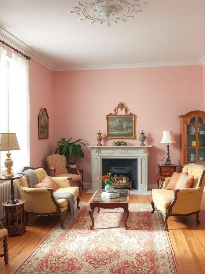 17 Must-Have Vintage Home Decor Items for Timeless Style 6 A cozy vintage living room with soft pink walls, yellow armchairs, and a classic coffee table.