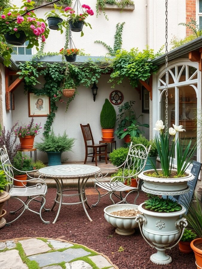 17 Must-Have Vintage Home Decor Items for Timeless Style 9 A vintage garden decor featuring metal chairs, a round table, and various potted plants with hanging flowers.