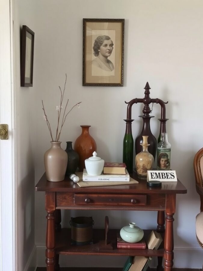 17 Must-Have Vintage Home Decor Items for Timeless Style 8 A vintage wooden table with various decorative items including vases, books, and a framed portrait.