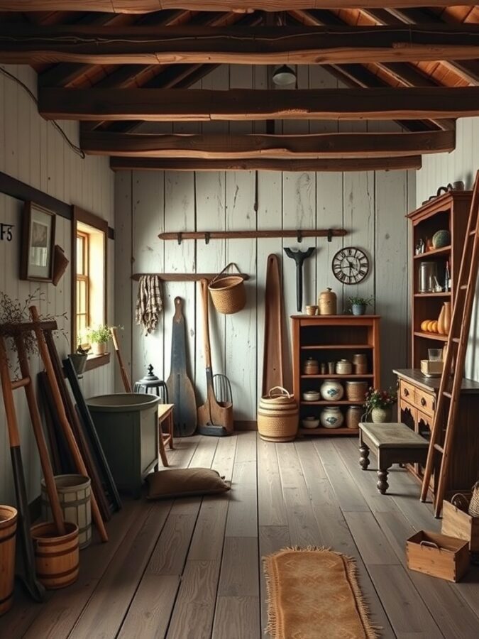 17 Must-Have Vintage Home Decor Items for Timeless Style 7 A rustic farmhouse interior featuring wooden beams, vintage tools, and cozy decor.