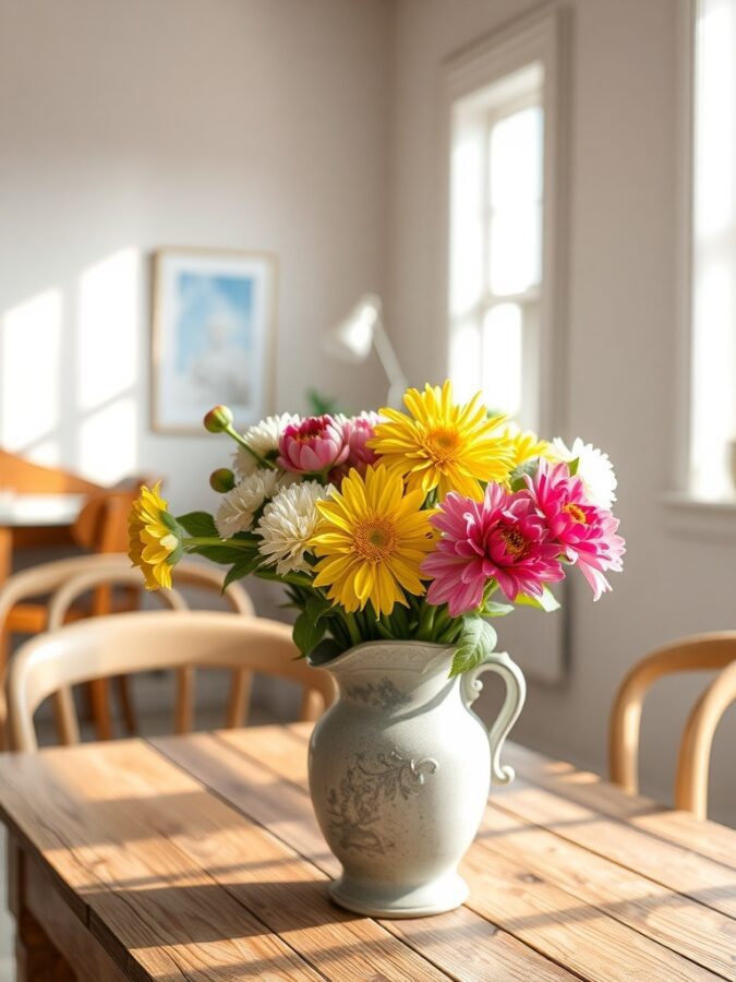 17 Must-Have Vintage Home Decor Items for Timeless Style 10 A vintage vase filled with colorful flowers on a wooden table.