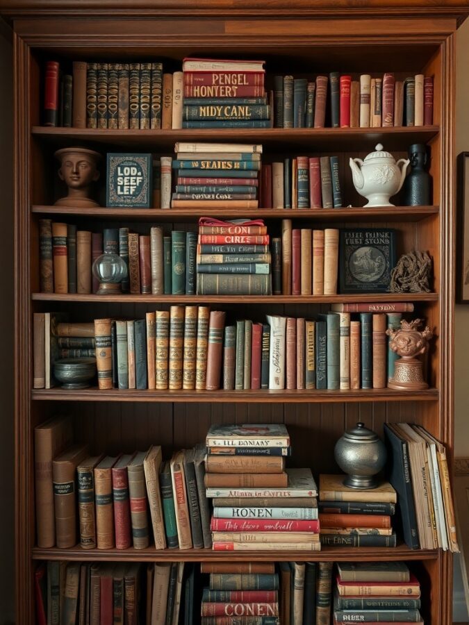 17 Must-Have Vintage Home Decor Items for Timeless Style 12 A vintage bookshelf filled with colorful books and decorative items.