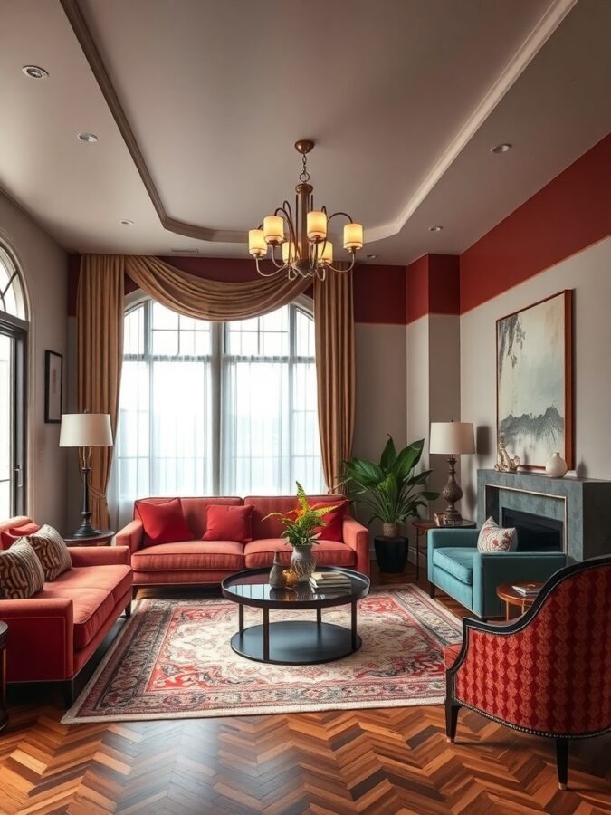 17 Must-Have Vintage Home Decor Items for Timeless Style 11 A stylish living room featuring Art Deco design elements with red and teal furniture, a round coffee table, and elegant lighting.